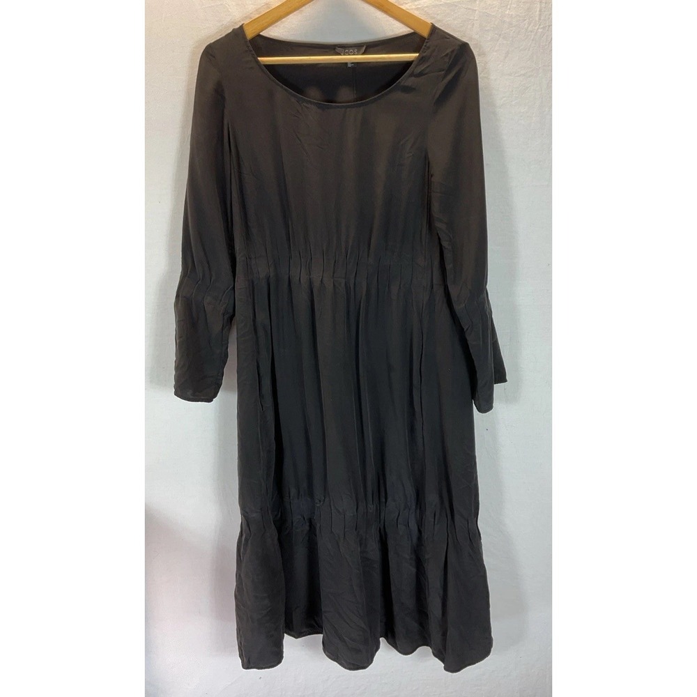 COS Matte Silk long Sleeve Minimalist tiered maxi Midi Dress Black 4 career city